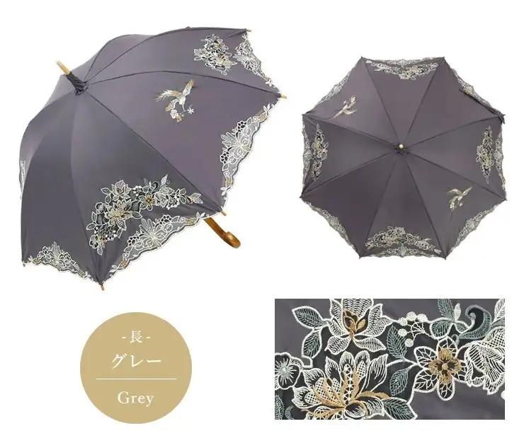 【シノワズリーモダン京都】花鳥オーガンジーカットワーク刺繍かわず張り長日傘 グレー