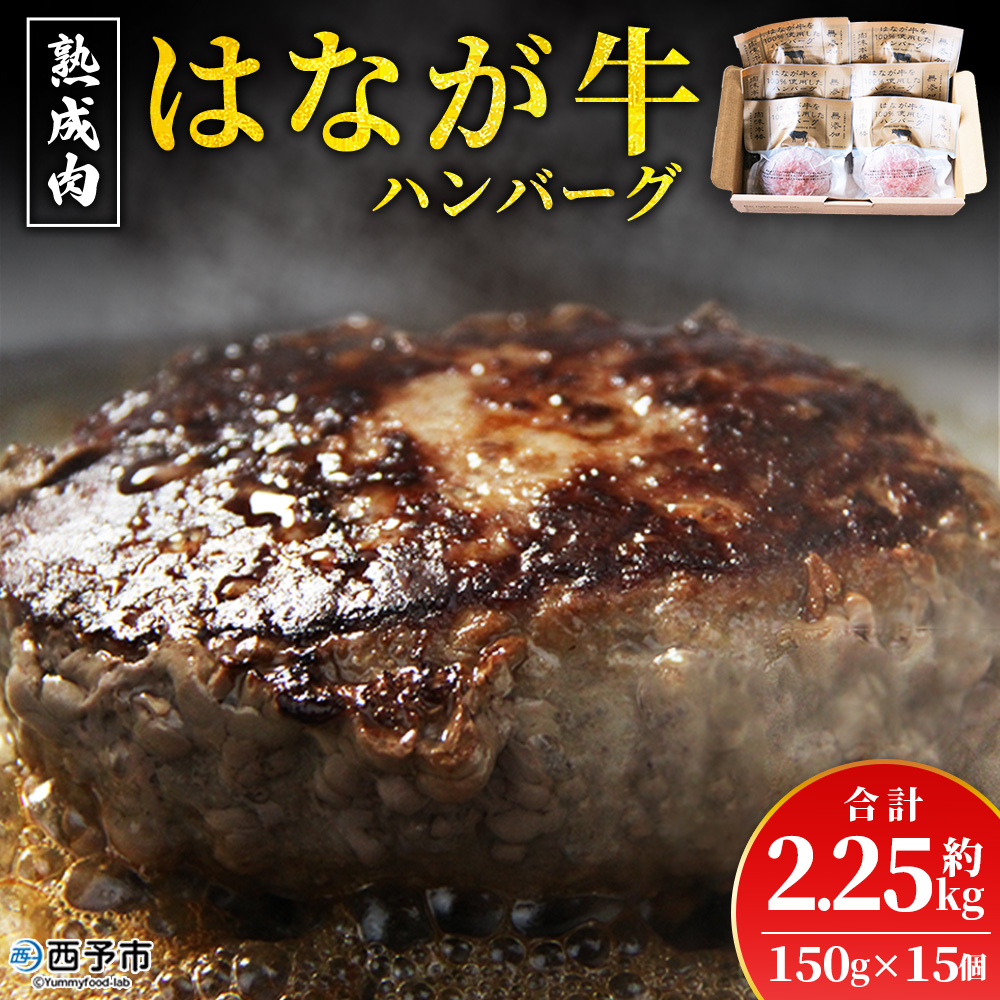 ＜熟成肉 はなが牛ハンバーグ 15個（1個150g）＞ 肉 お肉 牛肉 牛 ビーフ 牛100％ 肉加工品 お惣菜 洋食 おかず 弁当 ランチ ディナー 国産 小分け 個包装 簡単調理 特産品 ゆうぼく