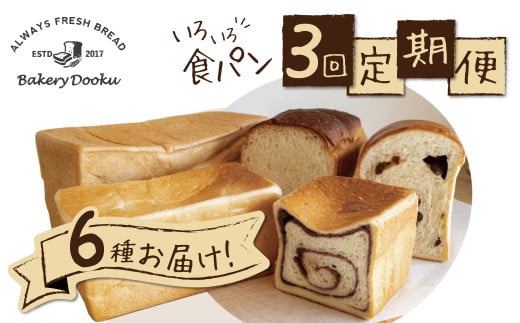 
【3ヶ月定期便】異なる6種の食パンを毎月2本ずつお届け！食べ比べができるバラエティーコース パン 定期便 食べ比べ 朝パン派 H087-011
