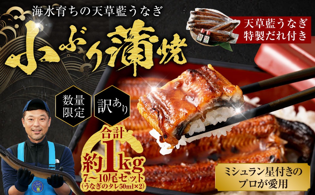 【数量限定】 【訳あり】 【ミシュラン星付きのプロが愛用】海水育ちの 天草 藍うなぎ 小ぶり 蒲焼 1kg（7～10尾）  養殖期間中 無投薬 鰻 ウナギ うなぎ うなぎ蒲焼 鰻の蒲焼 国産