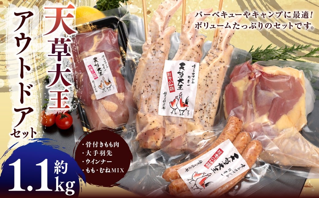 
【アウトドアセット】 天草大王 幻の鶏 キャンプ BBQ 骨付きもも肉 (500g) 大手羽先 ソーセージ ブツ切りミックス 計約 1.1kg
