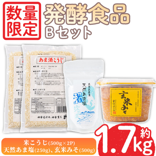 No.1256 ＜数量限定＞発酵食品Bセット！米こうじ(500g×2個)・天然あま塩(250g)・玄米みそ(500g) 味噌 みそ 無添加 麹 味噌汁 調味料 料理 お酒 無着色【日置市観光協会】