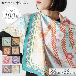 【佐々木染工】 京友禅スカーフ シルク100% ＜枝垂れ桜 碧色/梅幸茶（グリーン）＞