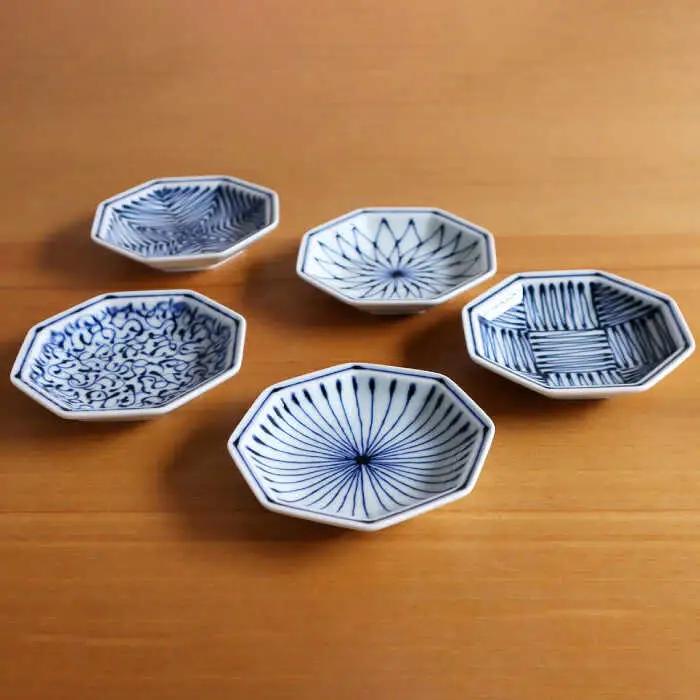 【白山陶器】【染付地紋】八角小皿 5柄セット【波佐見焼】[TA170]