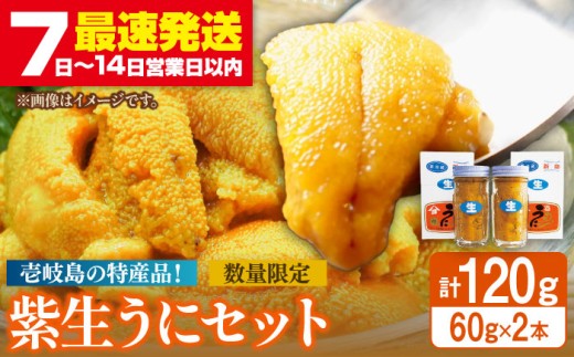 瓶詰め 紫生うに 120g（60g×2本） うに 冷凍 ミョウバン不使用 紫ウニ 紫うに ムラサキウニ ウニ 雲丹 uni ご飯 丼 海鮮丼 ウニ丼 ウニパスタ 瓶うに 瓶ウニ 贈り物 ギフト おつまみ 肴 海の幸 獲れたて 鮮度 濃厚 甘味 クリーミー とろける食感 職人の手仕事 生詰め 長崎県産 壱岐産【吉田商店】 [JAK001] 29000 29000円