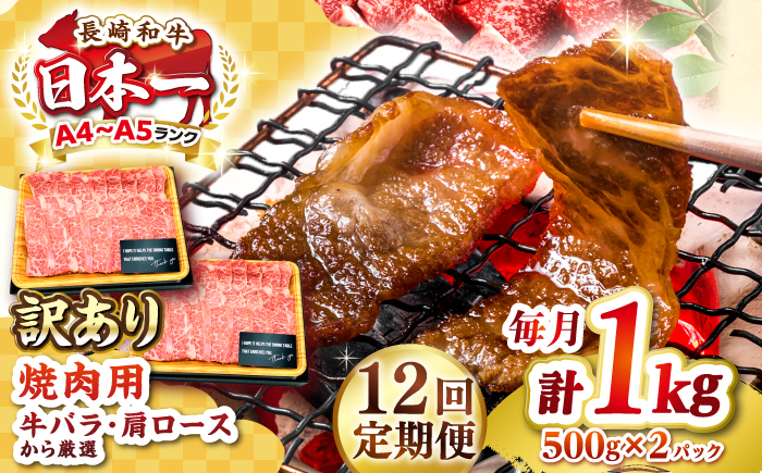 
【全12回定期便】【訳あり】【A4〜A5ランク】長崎和牛 焼肉切り落とし 1kg（500g×2パック）(肩ロース・バラ）《壱岐市》【株式会社MEAT PLUS】 肉 牛肉 黒毛和牛 焼き肉 焼肉 焼肉用 ギフト 贈答用 冷凍配送 A4 A5 [JGH122]
