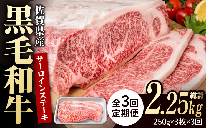 
            【3回定期便】佐賀県産 黒毛和牛 贅沢 サーロインステーキ 250g×3枚（計750g）【いろは精肉店】佐賀県産 佐賀産和牛 牛肉 国産 肉 和牛 サーロイン ステーキ さーろいん すてーき 冷凍 白石町 九州 定期便 人気 高評価 九州 佐賀県 白石町 [IAG090]
          