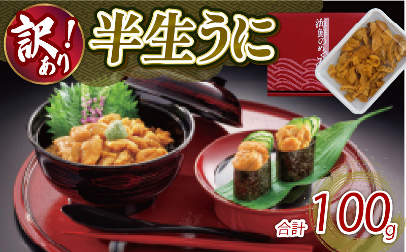 
            訳あり 半生うに 100g 冷凍 うに ウニ 雲丹 キタムラサキウニ ミョウバン不使用 ウニ丼 丼 おつまみ 晩酌 海鮮 海産物 珍味 日本三大珍味 三陸 岩手県 大船渡市
          