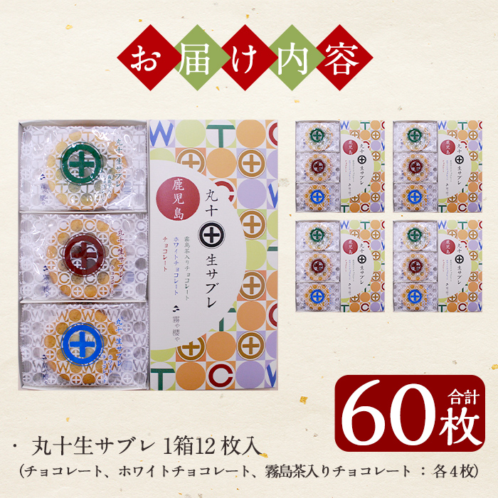 C-086-B 丸十生サブレ詰め合わせ(12枚入×5箱 計60枚)【徳重製菓とらや】霧島市 生サブレ サブレ しっとり なめらか マイルド お菓子 焼菓子 おやつ お土産 贈り物 手土産 チョコレート