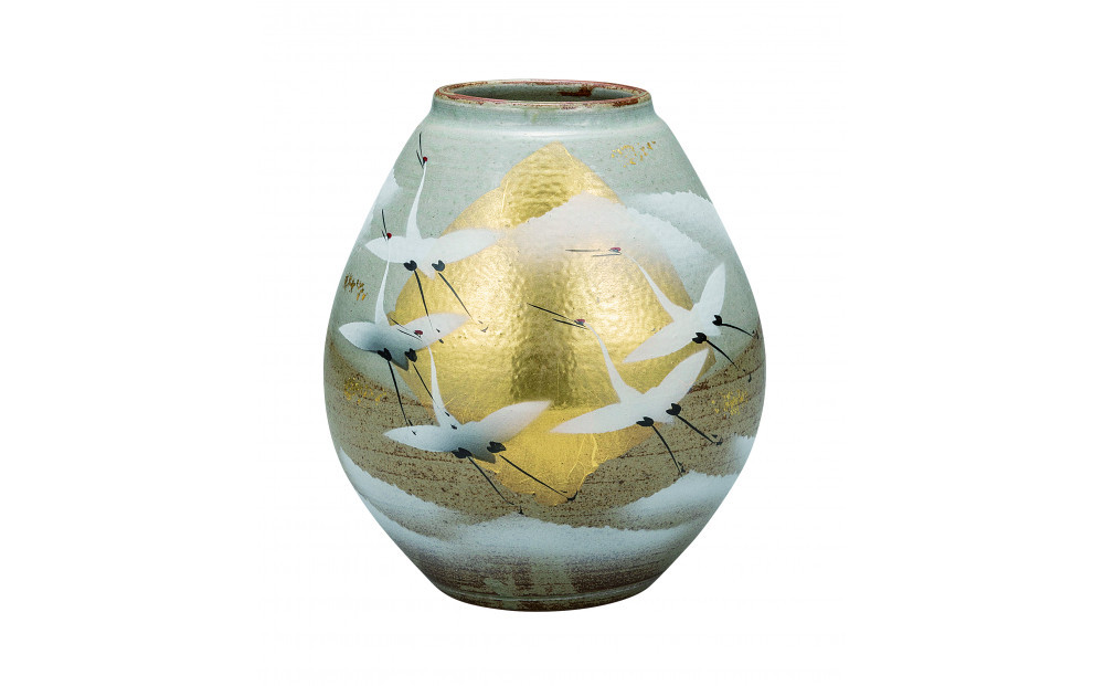 九谷焼　7.5号花瓶　金箔群鶴　山田登陽志 a05 172111_CY2175