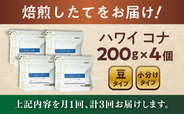【全3回定期便】ハワイ・コナ コーヒー豆 200g×4個 (豆) / 珈琲 コーヒー 豆 / 瀬戸市 / Ｃｏｆｆｅｅ　ＳＡＫＵＲＡ [BBAB063]