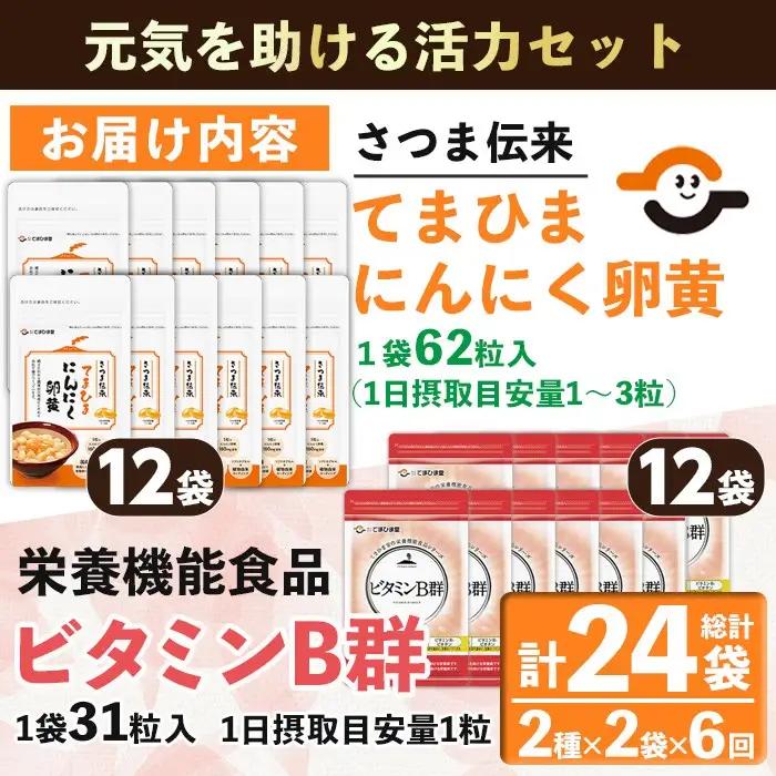 No.1298-B ＜定期便・全6回(隔月)＞活力セット(てまひま にんにく卵黄・ビタミンB群/各2袋×6回 計24袋) 鹿児島 日置市 ニンニク 健康食品 加工食品 栄養 元気 有精卵 カプセル 手