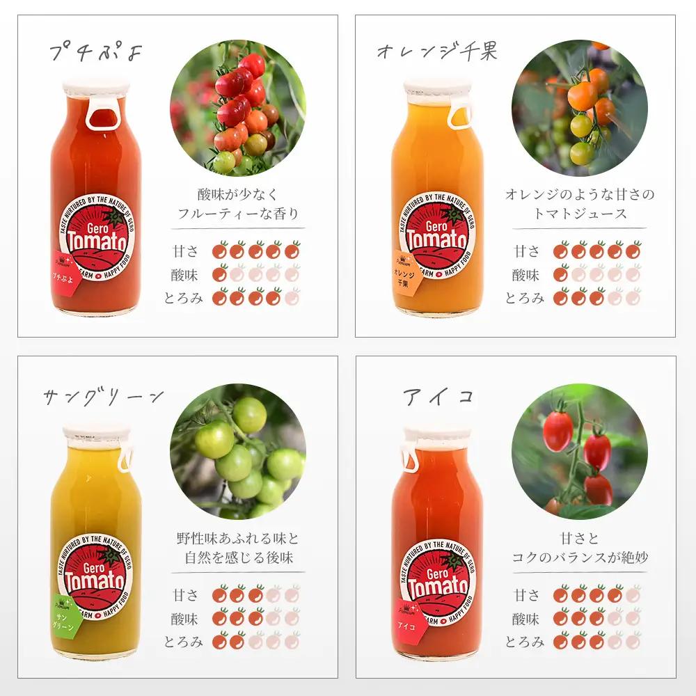 飛騨産 100％ 無添加 ミニトマトジュース180ml 4本セット(2) 4種類  (アイコ、プチぷよ、オレンジ千果、サングリーン)（各1本） 【113-5】