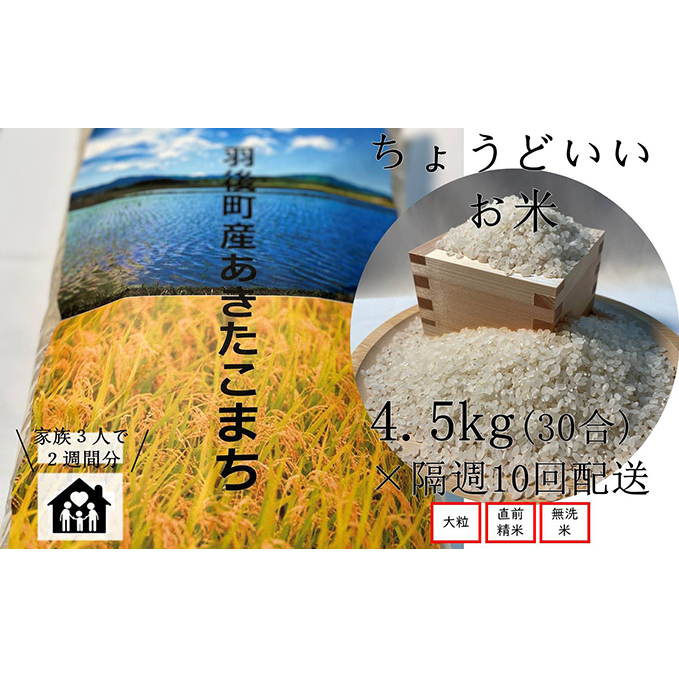 ちょうどいい量のお米 定期便 ◎ あきたこまち 無洗米（4.5kg×隔週10回）