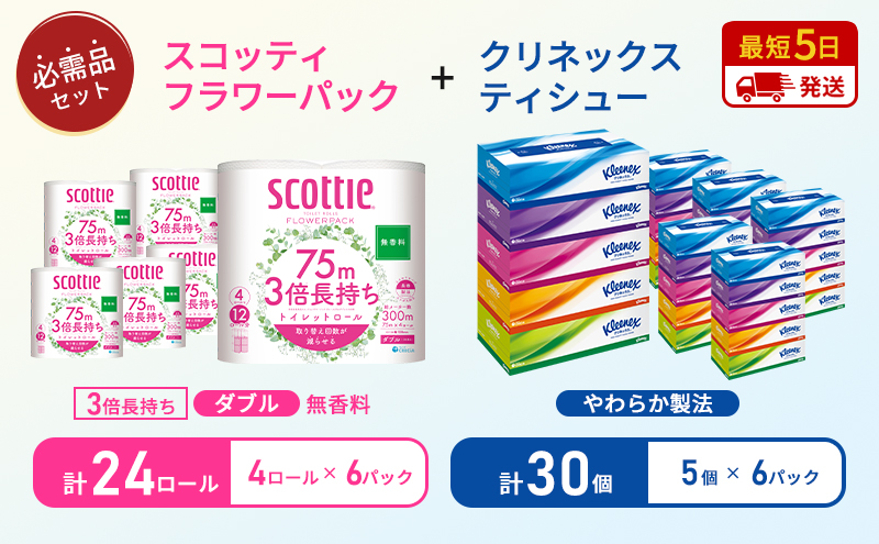 【 岩沼市オリジナル 】ティッシュ クリネックス 5箱入 × 6パック トイレットペーパー ダブル スコッティ 3倍長持ち 4ロール × 6パック フラワーパック