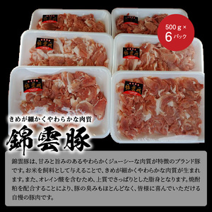 お米育ちの錦雲豚　切落し3㎏（500ｇ×6ｐ）　FN1202