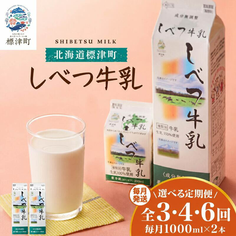 【ふるさと納税】 ＜ 毎月 定期便＞ 選べる 3~6ヶ月 しべつ牛乳 1L × 2本 北海道産 パックミルク 全3~6回 定期便 牛乳 乳製品 生乳 生乳100% 国産 ミルク みるく ぎゅうにゅう 乳 標津 しべつ【配送不可地域：離島】