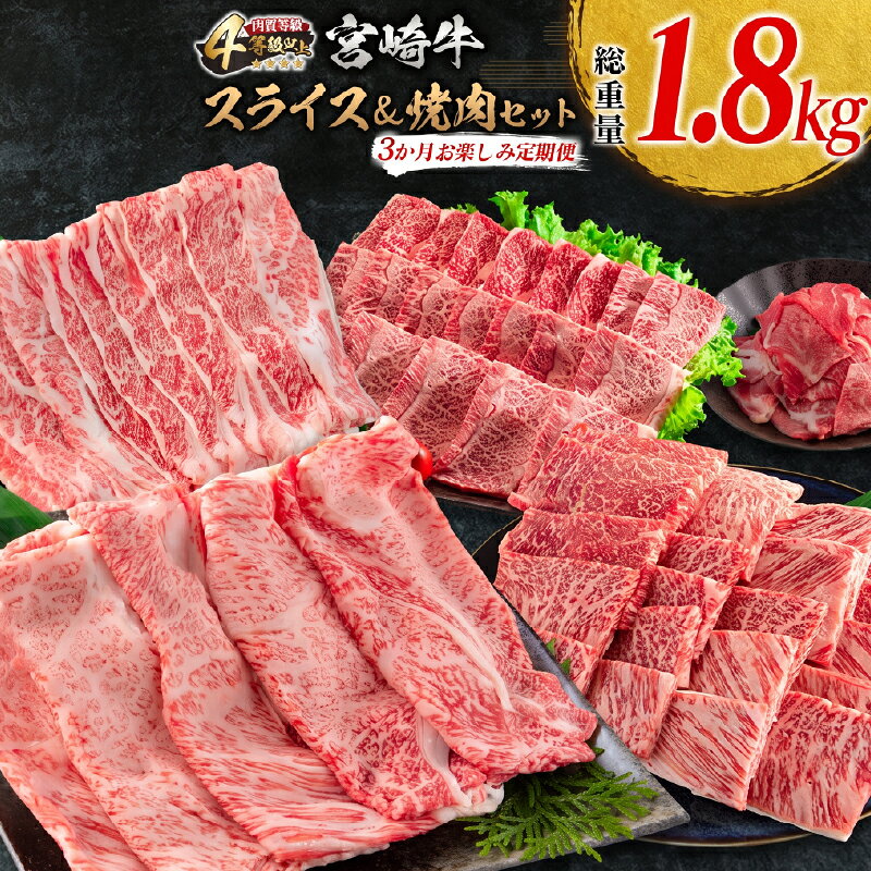 【ふるさと納税】3か月 お楽しみ 定期便 宮崎牛 スライス 焼肉 セット 総重量1.8kg 牛肉 黒毛和牛 ブランド牛 ミヤチク 国産 肩ロース モモ バラ ウデ 小間切れ 食品 おかず すき焼き しゃぶしゃぶ お祝 記念日 ご褒美 お取り寄せ グルメ 宮崎県 日南市 送料無料