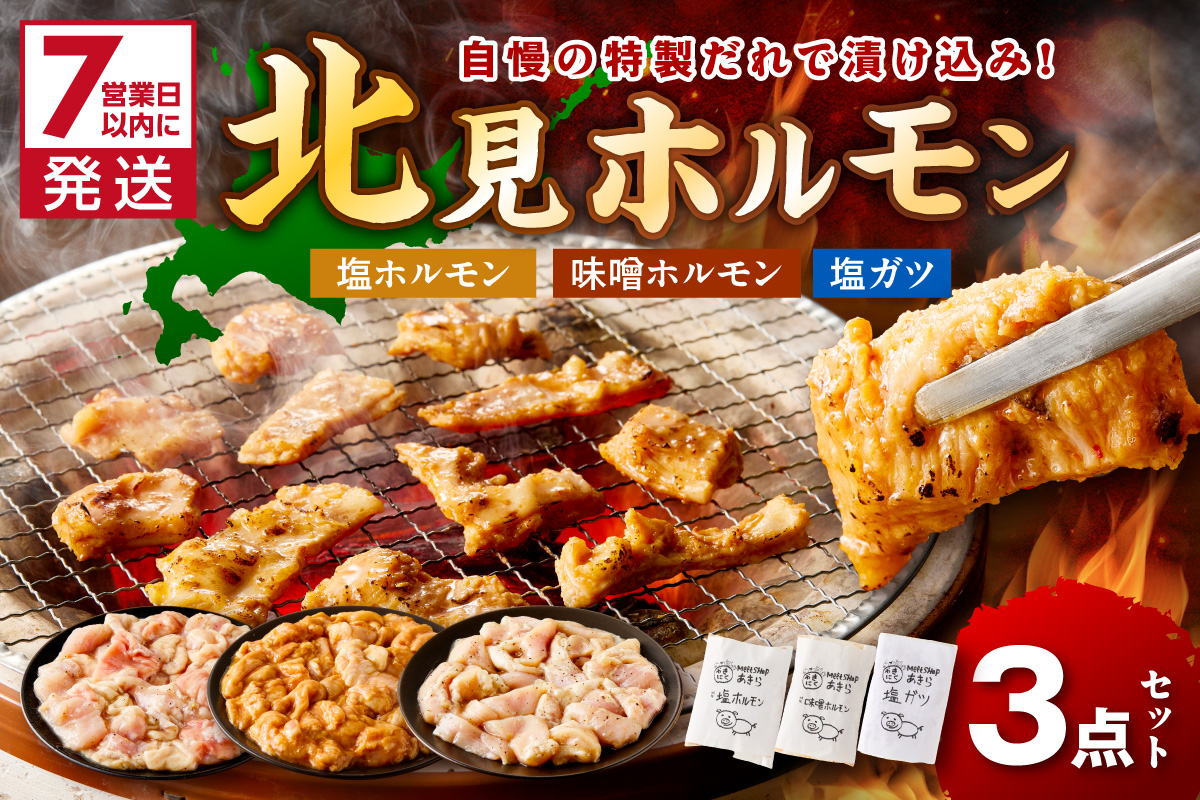 《7営業日以内に発送》北見 ホルモン 3点セット ( 焼肉 ホルモン 肉 にく 味付き肉 )【205-0001】