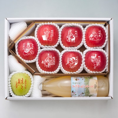 縁起の良い七福神をお届け【青森県産 七福神＆ごあいさつりんご・ジュースセット】鮮度保持剤・保存袋付【配送不可地域：離島・沖縄県】