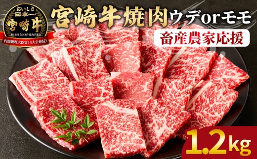 【畜産農家応援】＜宮崎牛 赤身焼肉 2パック（1.2kg）＞2025年11月に順次出荷【 国産 黒毛和牛 牛肉 牛 精肉 スライス 赤身スライス ウデ肉 モモ肉 4等級以上 ブランド牛 赤身 旨味 贈答品 ギフト 贈り物 プレゼント 化粧箱 グルメ ミヤチク 宮崎県 国富町 】