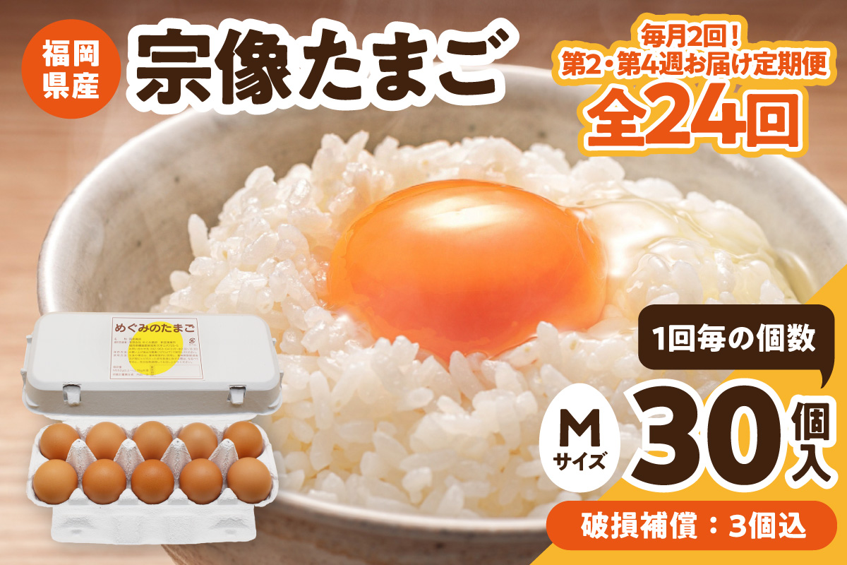 【毎月2回！第2・第4週お届け定期便】新鮮 赤卵「宗像たまご」Mサイズ 30個×12ヶ月定期便 (27個＋補償3個)【JAほたるの里】_HB0217