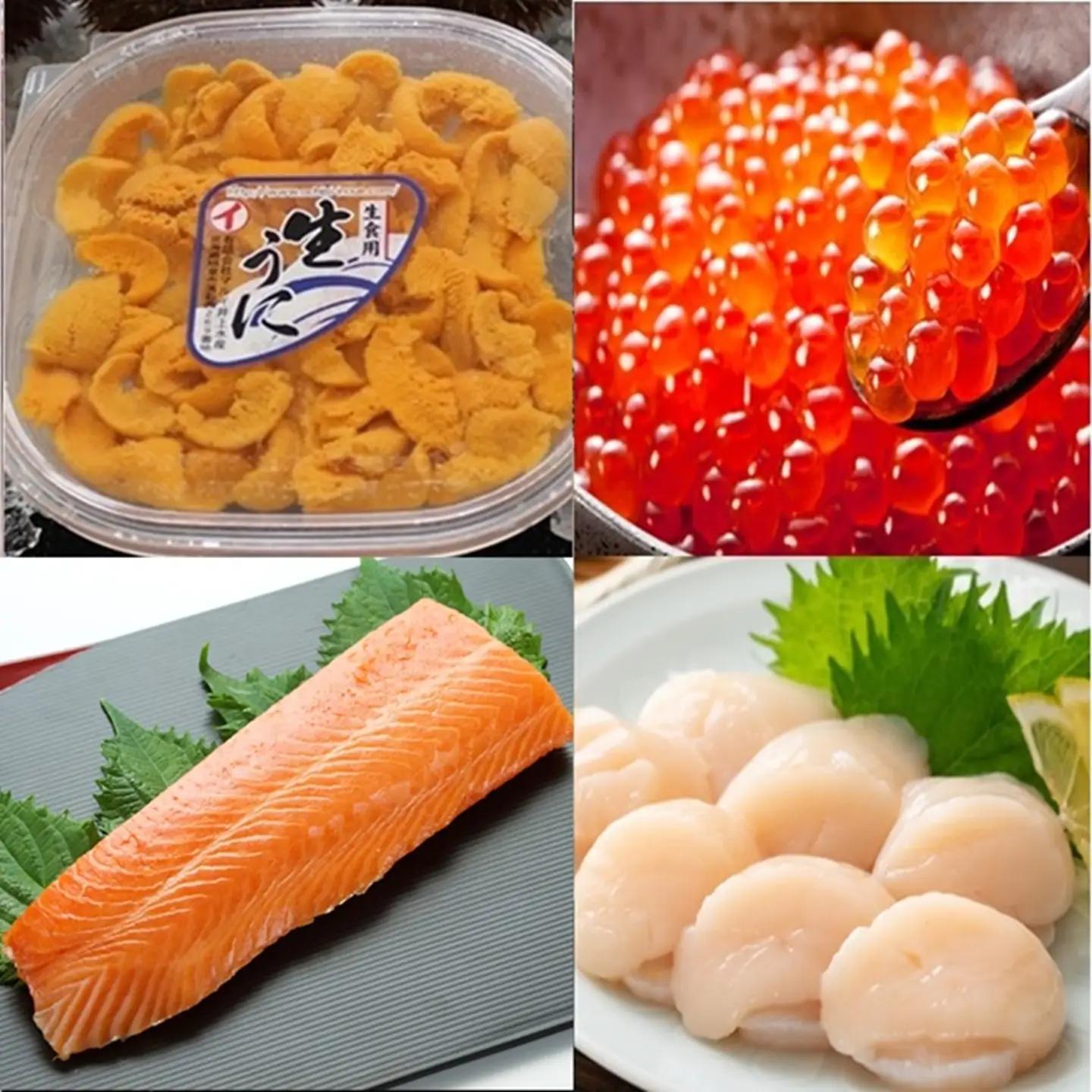 エゾバフンウニ塩水パック100g×1P、いくら醤油漬け(鱒卵)100g×1P、お刺身ホタテ貝柱300g×1P、お刺身サーモン300g～500g(1～3本)[11月下旬以降発送] E-71045