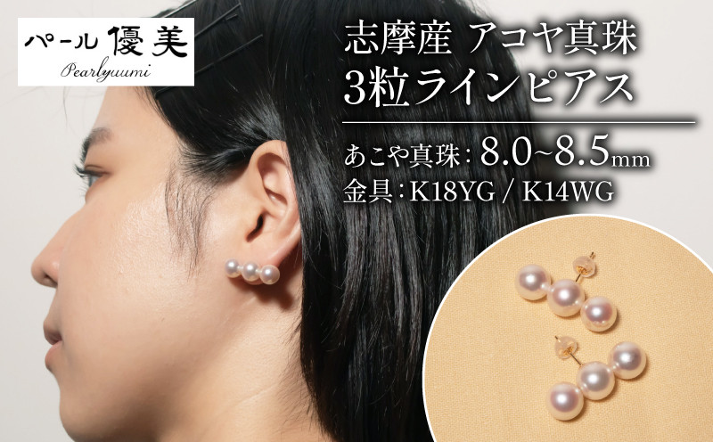 
アコヤ真珠 8～8.5mm ピアス アクセサリー (K18/K14) ジュエリー 真珠 三重 伊勢 志摩 パール 本真珠 ギフト 贈り物 贈答 贈答用 プレゼント 普段使い 人気 冠婚葬祭 結婚式 誕生日 記念日 慶事 / 志摩産 アコヤ真珠　8-8.5ミリ 3粒ライン ピアス ( K18YG / K14WG )
