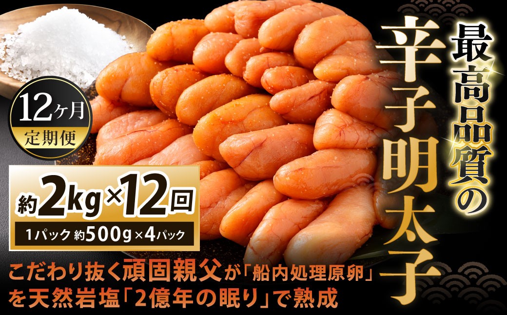 
            【12カ月定期便】 こだわり抜く頑固親父が「船内処理原卵」を天然岩塩「2億年の眠り」で熟成させた最高品質の辛子明太子 約2kg（約500g×4パック）×12回 計約24kg 辛子明太子 辛子めんたいこ 明太子
          