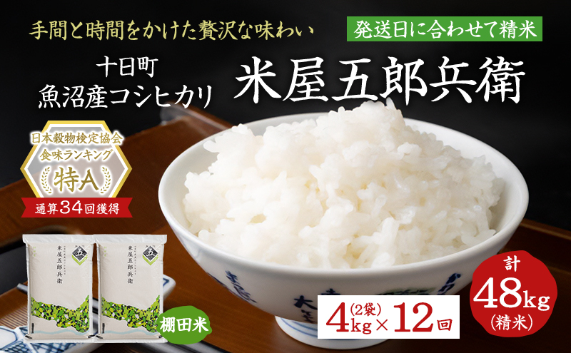 ＜新米発送＞【定期便/全12回】十日町産魚沼コシヒカリ 米屋五郎兵衛 棚田米 精米2kg 2袋セット