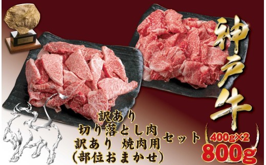 神戸牛(神戸ビーフ) 訳あり 切り落とし肉と焼肉用（不揃い）セット 400gずつ 計800g　BBQ　肉　国産　牛肉　神戸牛　神戸ビーフ　焼肉　切り落とし　バラ　モモ　肩　カタ　夏休み　バーベキュー　キャンプ　レジャー　800g