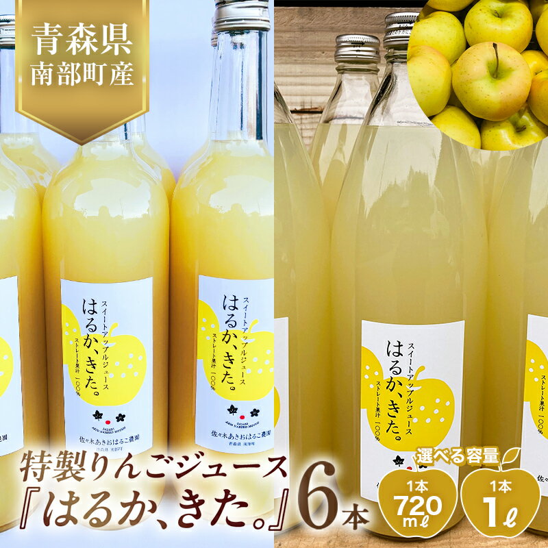 【ふるさと納税】 《選べる容量》「はるか、きた。」りんごジュース 6本セット (720ml・1L) 【佐々木あきおはるこ農園】 フルーツ王国 完熟 アップルジュース 100% ストレート リンゴジュース リンゴ 林檎 青森りんご 青森県 南部町 果物 くだもの F21U-587var