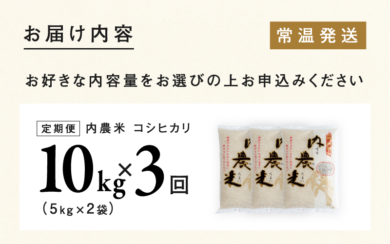 【3ヶ月連続お届け】令和6年産 内農米コシヒカリ定期便 10kg × 3回 計30kg