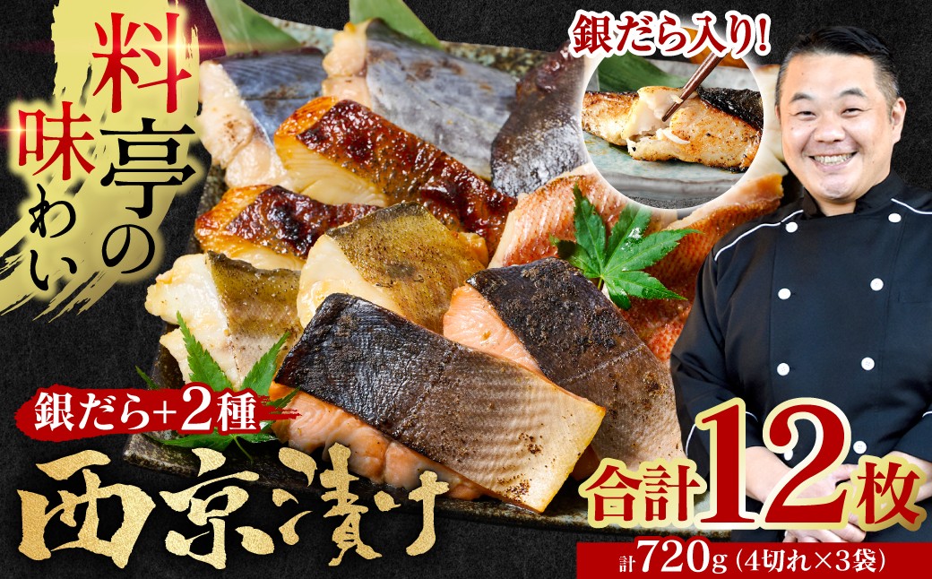 
                  【訳あり】 厳選 鮮魚 西京漬け 720g 銀だら入り 食べ比べ 12枚 4切れ×3袋 日本料理店 料亭 西京焼き 銀だら 厳選 鮮魚 魚 さかな 冷凍
                