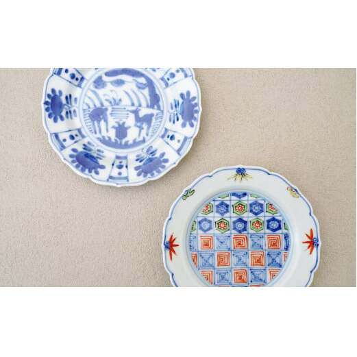 有田焼 13cm 輪花小皿 2柄セット( 染付芙蓉手双鹿図 / 染錦更紗紋 )【福珠窯】食器 うつわ 器 お祝い 取り皿 菓子皿 古典柄 A40-361_イメージ5