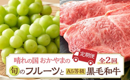 【2回 定期便】フルーツ 肉 2026年  晴れの国 おかやま の 旬のフルーツと A5等級 黒毛 和牛 2回 定期便 ぶどう 牛肉  岡山県産 国産 ギフト