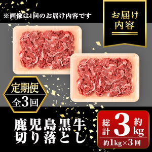 【C01010】＜定期便・全3回(隔月)＞満足便 鹿児島黒牛切り落とし(約1kg×3回・計約3kg)牛肉専門店自慢 鹿児島 国産 九州産 黒牛 鹿児島黒牛 切り落し 切落し 切落とし カット スライス