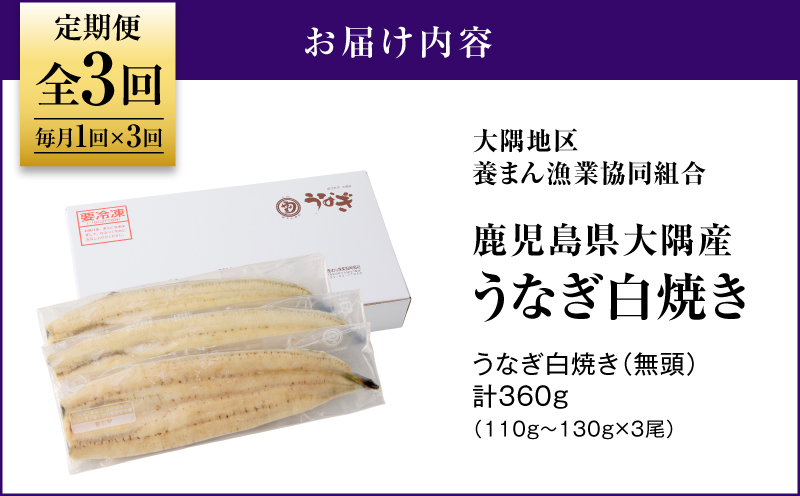 2080-1【全3回定期便】鹿児島県大隅産うなぎ白焼き3尾 計360g　KN007-T02