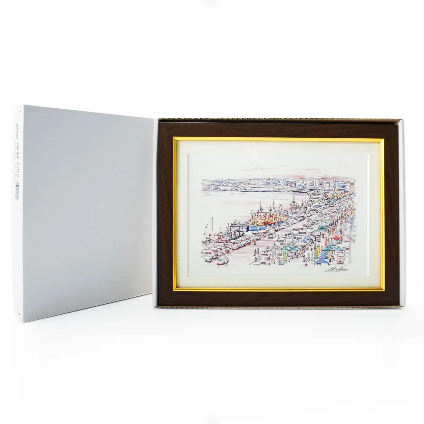 【館鼻岸壁朝市】八戸の風景 複製画 26.5×36.0×3.0 800g 風景画 額付き マット 青森県 八戸市　