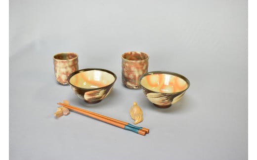 萩焼 福の器揃い(ご飯茶碗・湯呑・鶴亀箸置きセット)