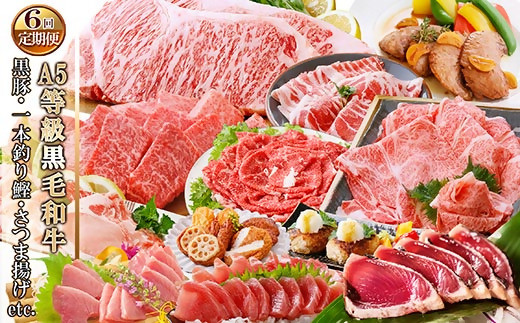 
定期便(6回)枕崎お楽しみ便(A5等級黒毛和牛・黒豚・一本釣りかつお・さつま揚げ等)GG-0058【1166773】

