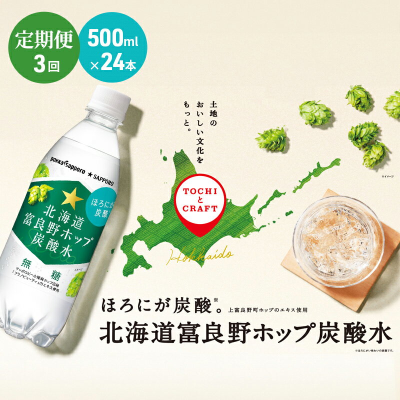 【ふるさと納税】北海道 定期便 3ヵ月 連続 全3回 炭酸水 500ml × 24本 北海道富良野ホップ炭酸水 グリーンシャワー ポッカサッポロ 無糖 北海道富良野ホップ ペットボトル 炭酸飲料 炭酸 ソーダ ソーダ水 飲料 ドリンク (有)リカーショップかまだ 上富良野町