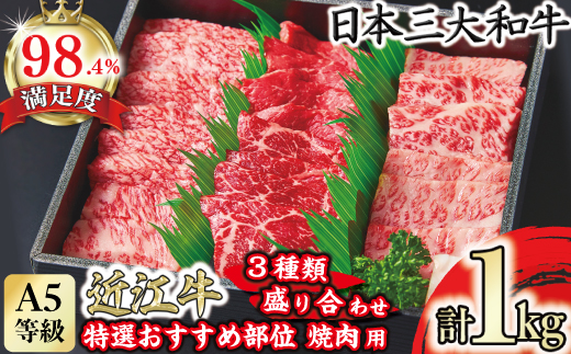 A5等級　未経産雌　特選近江牛おすすめ部位　焼肉3種盛り合わせ合計1kg【FO07W】（国産牛　和牛　ブランド牛　ブランド和牛　黒毛和牛　牛肉　肉　高級　人気　おすすめ　神戸牛　松阪牛 に並ぶ 日本三大和牛 近江牛）