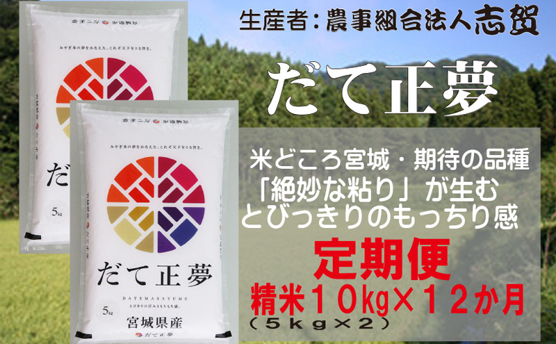 【12ヶ月定期便】宮城県岩沼市産 志賀沢米 だて正夢 精米10kg(5kg×2）