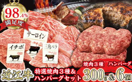 近江牛 焼肉 3種 300g 近江牛 ハンバーグ 6個 セット【FO41W】【 近江牛 】 牛肉
