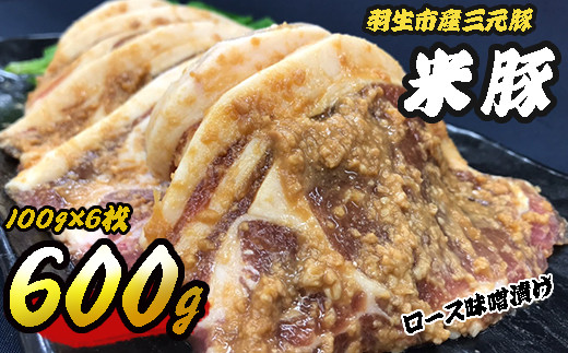 
豚肉 ロース 味噌漬け 600g（100g×6枚）味噌漬け 三元豚 米豚 国産 豚 ポーク 肉 羽生市産 小分け 個包装 小袋 便利 ブランド ブランド豚 精肉 肉加工品 まとめ買い 間中さん家 株式会社古川ミート 埼玉県 羽生市
