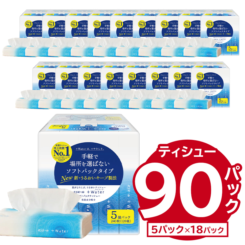 エリエール +Water（プラスウォーター）ソフトパックティシュー　120W5P×18パック ソフトパックティッシュ ティッシュ 日用品 備蓄 消耗品 生活用品 可児市　【0095-016】