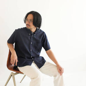 播州織メンズシャツ【WASHI】ボタンダウン 半袖【TIW_168（ネイビー）】Mサイズ「THE INDUSTRY WORKS」（1着）46-4