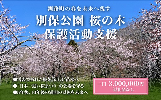 
                  【思いやり型返礼品】別保公園 の桜を雪害から復活させたい ＜返礼品なし＞｜「日本一遅い桜まつり」応援寄附（3,000,000円） さくら 桜 桜の木 植樹 別保公園 桜の里 北海道 釧路町 釧路超 寄付 支援 応援 共感型sakura03
                