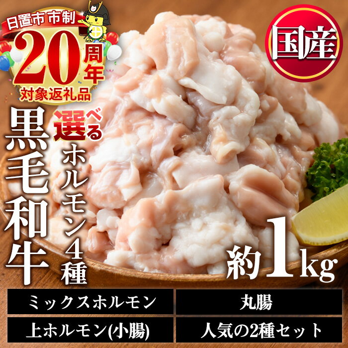 【ふるさと納税】＜4種から選べる＞国産！黒毛和牛ホルモン(ミックスホルモン計1kg/上ホルモン計1kg/丸腸計1kg/ミックスホルモン＋小腸合計1.1kg) 国産 九州産 牛肉 黒毛和牛 和牛 ホルモン 焼肉 鉄板焼き もつ鍋 タレ漬け 冷凍 小分け 市制20周年【カミチク】